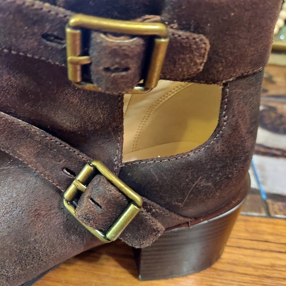 Nine west brown size 8 ankle boots leather upper buckles and cutout work rodeo - Picture 2 of 9